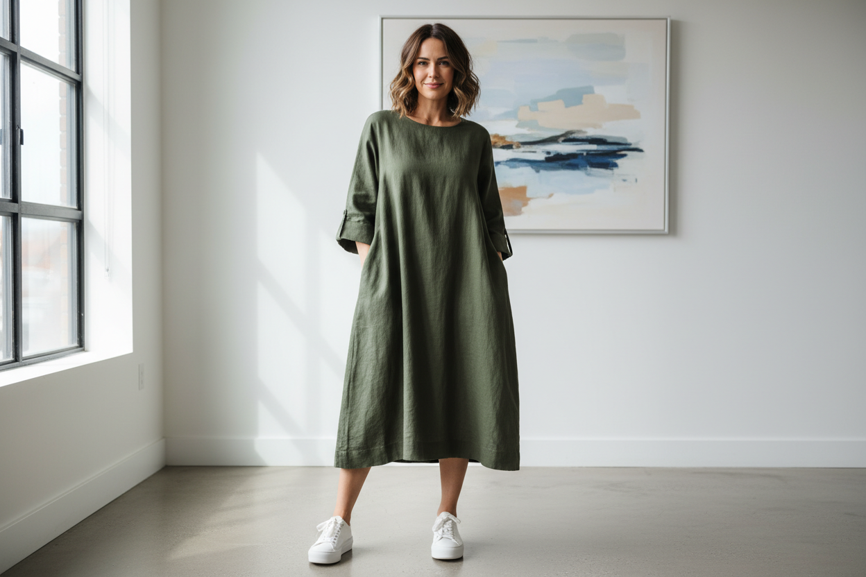 generate a women with her hands in her dress pockets